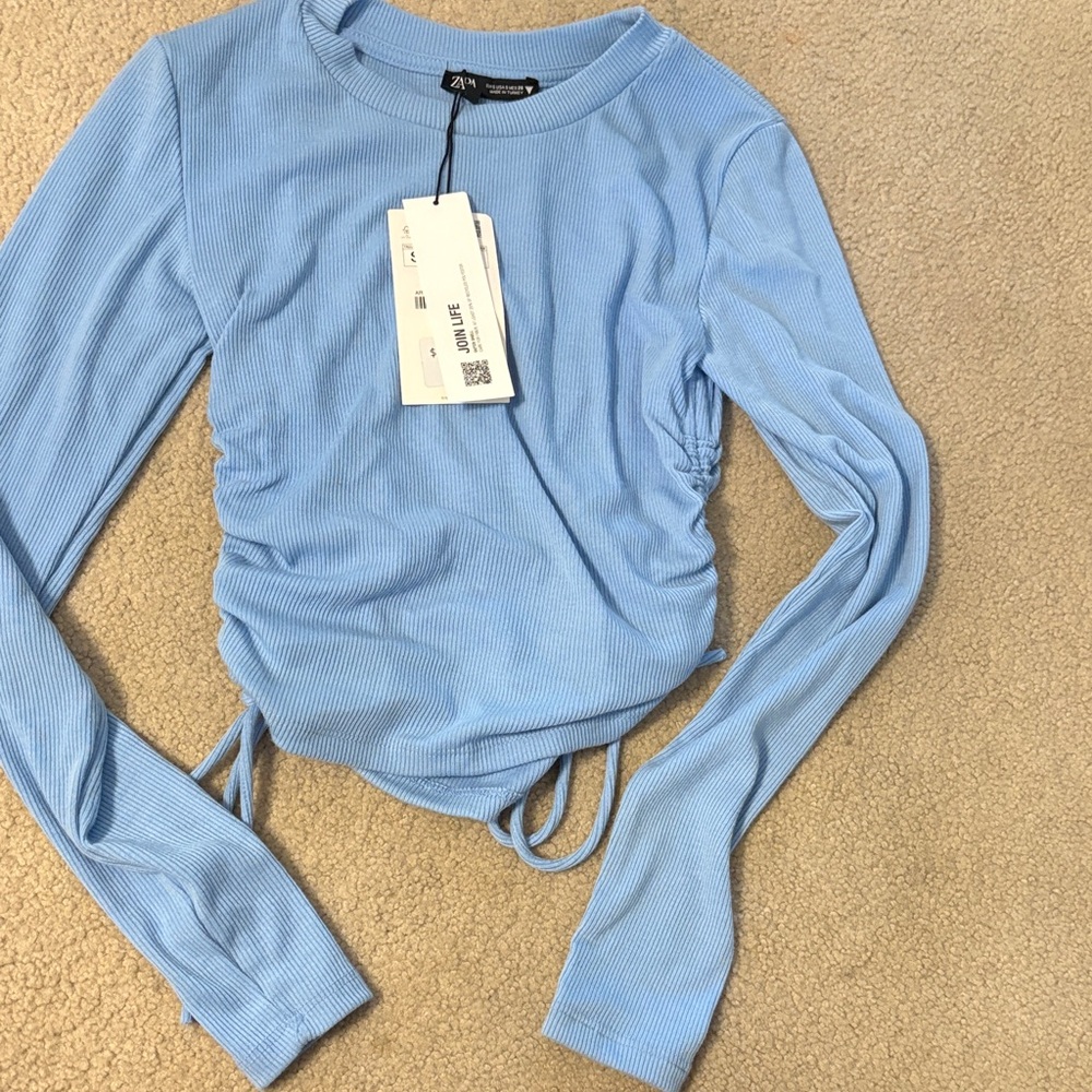 Zara Light Blue Gathered Long Sleeve Blouse
